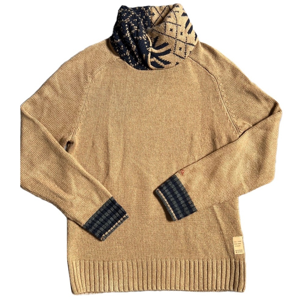 SCOTCH & SODA TAN & NAVY BLUE WOOL BLEND TURTLENECK SWEATER WITH TWISTED COLLAR